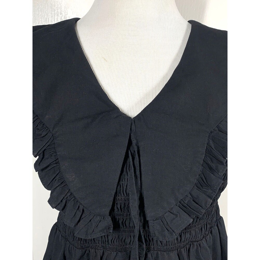 Topshop Oversized Collar Shirred Midi Dress in Black Size 10 Ruffle Hem Smocked - Picture 2 of 9